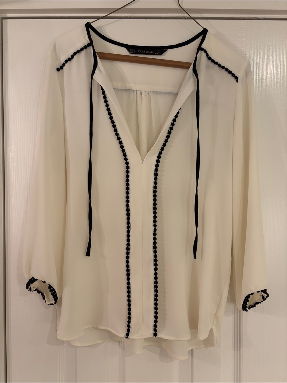 Zara Cream Blouse with Black Trim and Tie Neck